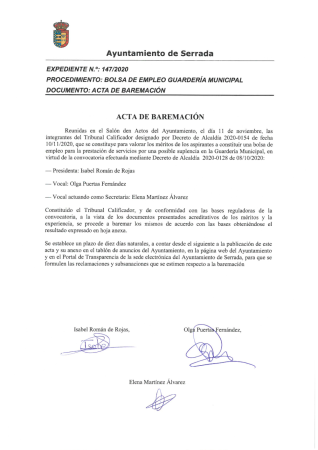 Kép Acta de Baremación de bolsa empleo de guarderia municipal.